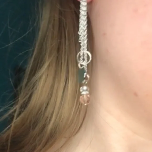 Pink Crystal Drop Earrings with Chains and Circles. ~Elegant Moon🌙 - Picture 4 of 6